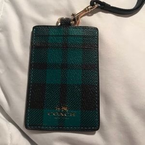 Coach green plaid leather lanyard/ ID holder